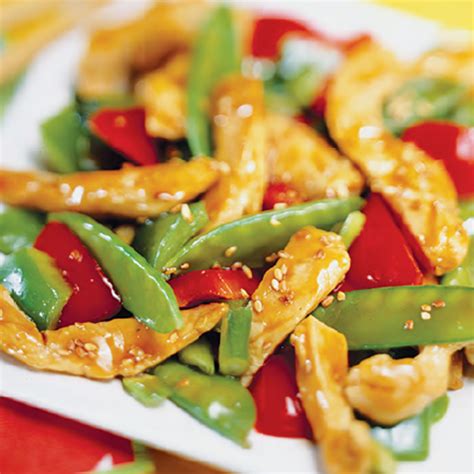 How many sugar are in sesame chicken with snow peas and brown rice - calories, carbs, nutrition