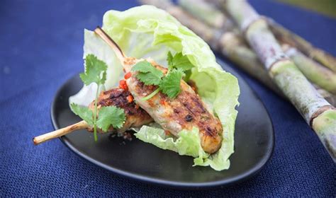 How many sugar are in sugarcane skewered pork loin with bamboo and basil salad - calories, carbs, nutrition