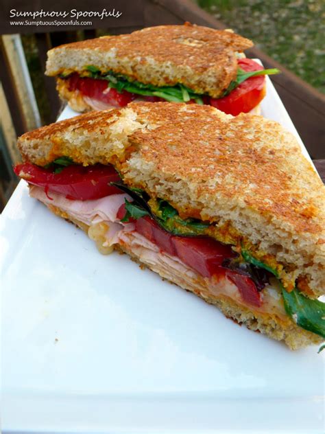 How many sugar are in toasted turkey and roasted red pepper sandwich on multi grain bread - calories, carbs, nutrition