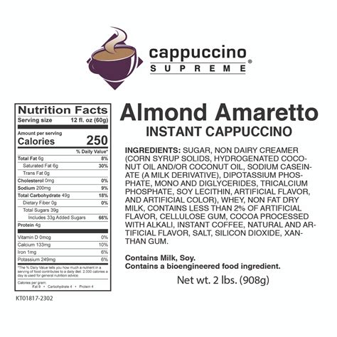 How much fat is in almond amaretto cappuccino (87921.0) - calories, carbs, nutrition