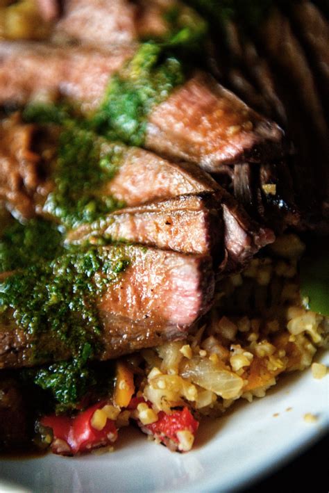 How much fat is in beef flank chimichurri brown rice zucchini - calories, carbs, nutrition