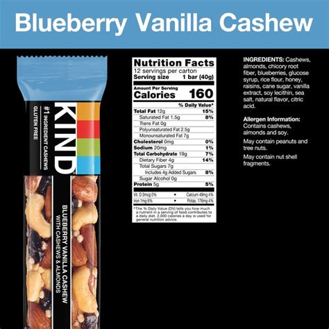 How much fat is in blueberry vanilla and cashew - calories, carbs, nutrition