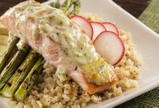 How much fat is in cauliflower rice bowl with orange cilantro salmon - calories, carbs, nutrition