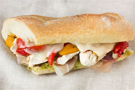 How much fat is in chicken, basil pesto, roasted red pepper and mozzarella sandwich - calories, carbs, nutrition