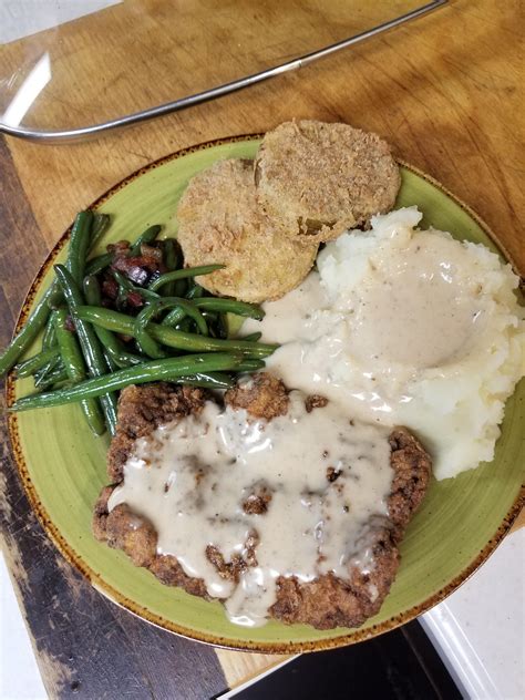 How much fat is in chicken fried steak, with smashed potatoes green beans - calories, carbs, nutrition