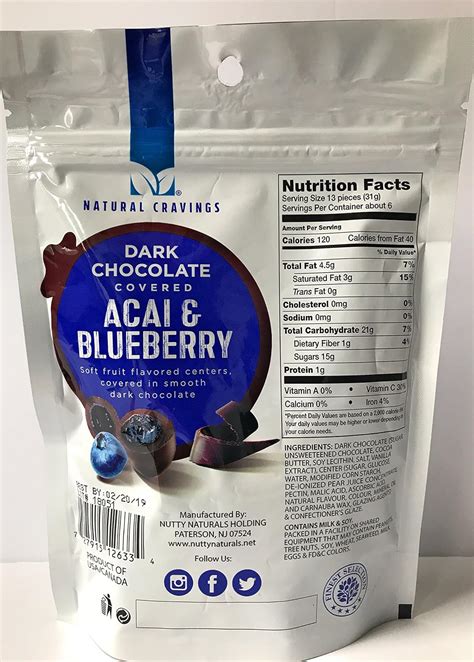 How much fat is in dark choc acai & blueberry - calories, carbs, nutrition