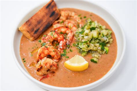 How much fat is in grilled ancho shrimp with honeydew gazpacho - dill pickeled zuchini - calories, carbs, nutrition