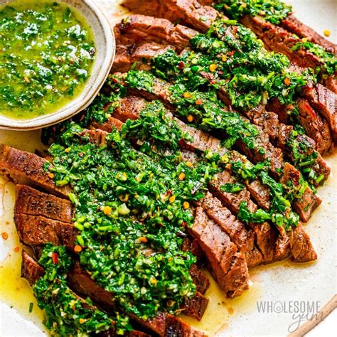 How much fat is in grilled flank steak, chimichurri, roasted potatoes, lemon asparagus - calories, carbs, nutrition