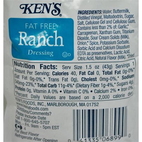 How much fat is in ranch - calories, carbs, nutrition