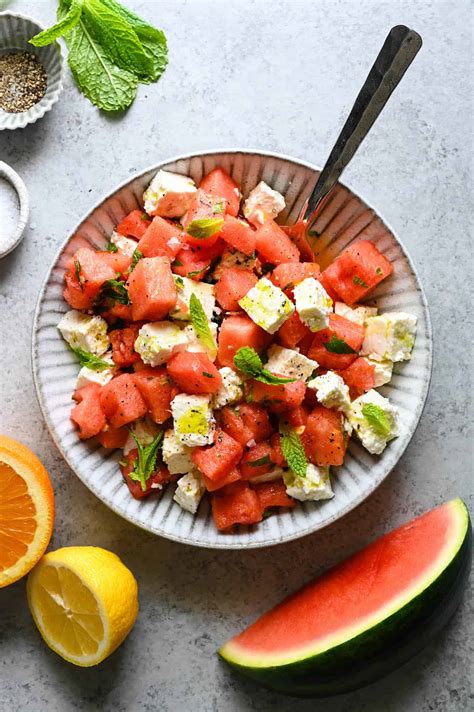 How much fat is in watermelon feta salad with mint - calories, carbs, nutrition