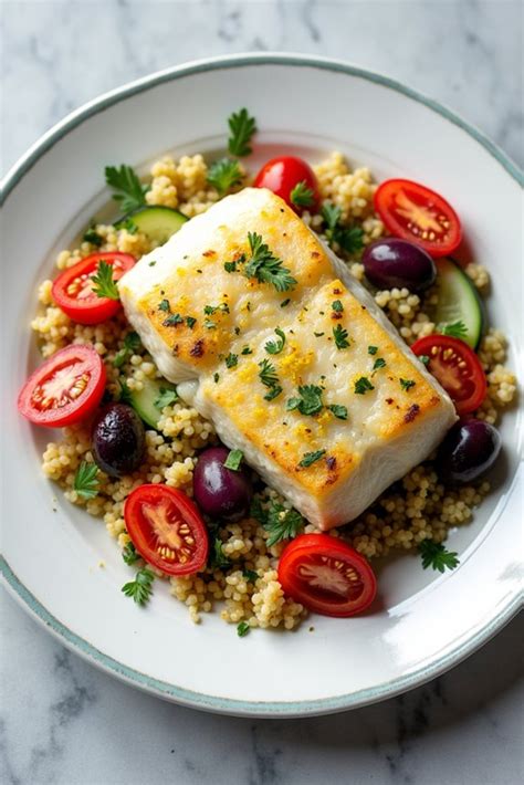 Baked Lemon Cod with Whole Wheat Couscous and Green Beans with Lemon and Garlic - calories, carbs, nutrition