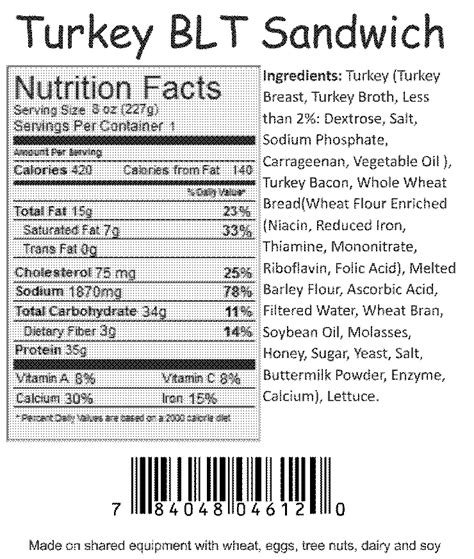 Barbados Turkey Sandwich - calories, carbs, nutrition