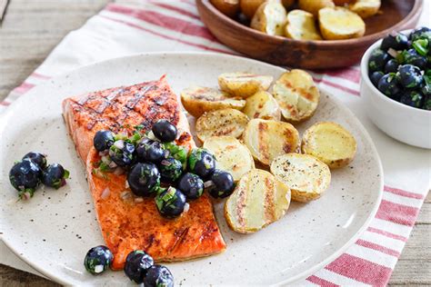 Bourbon Scented Salmon with Blueberry Salsa, Grilled Baby Bok Choy and Sweet Potato Hash - calories, carbs, nutrition