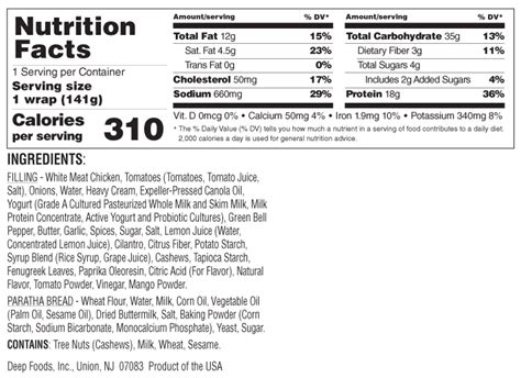 Butter Chicken Wrap - calories, carbs, nutrition