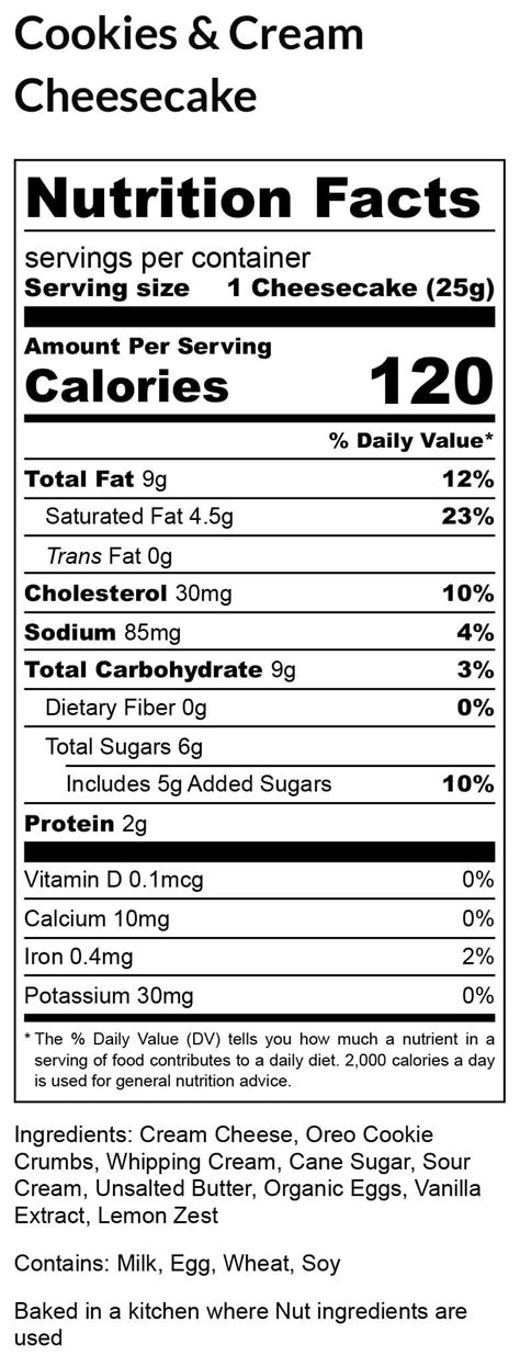 Cheesecake Cookies & Cream SLC=1/12 - calories, carbs, nutrition