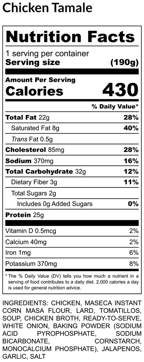 Chicken and Cheese Tamale - calories, carbs, nutrition