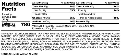 Chicken Poblano - calories, carbs, nutrition