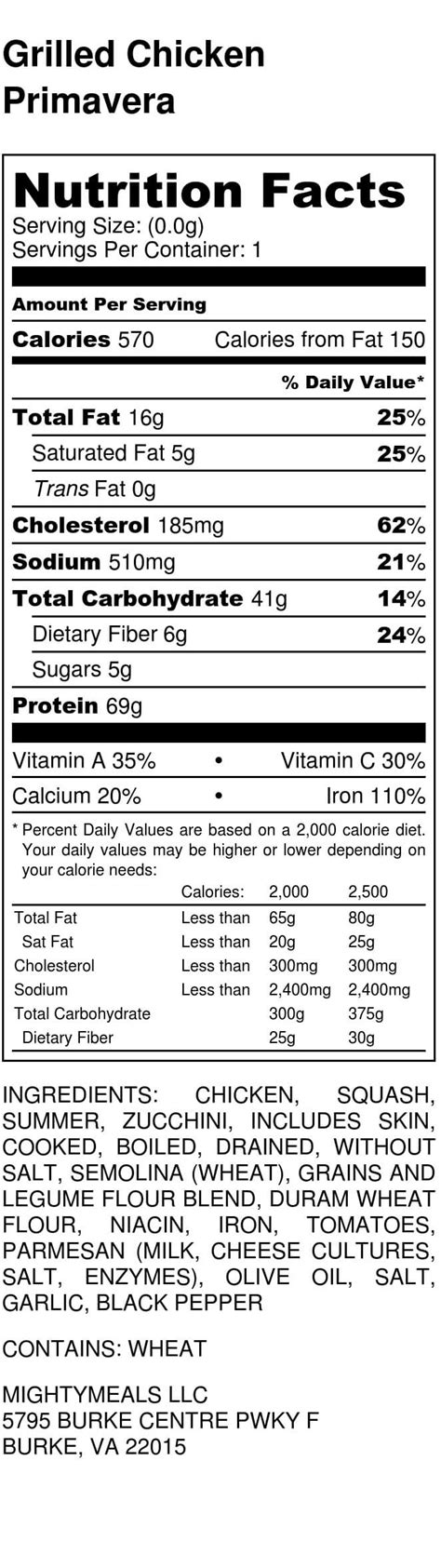 Chicken Primavera - calories, carbs, nutrition