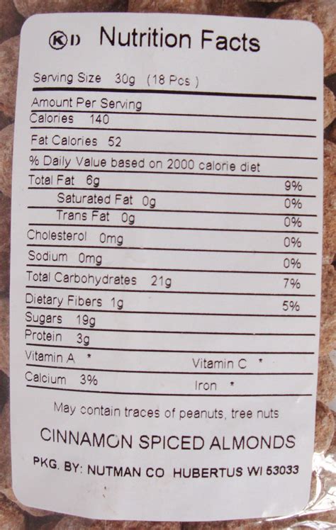 Cinnamon Almonds - calories, carbs, nutrition