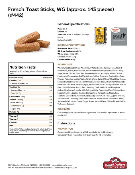 French Toast Sticks (WG) - calories, carbs, nutrition