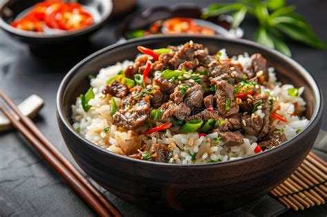 Ginger-Pepper Beef over Steamed Rice in a Bowl - calories, carbs, nutrition