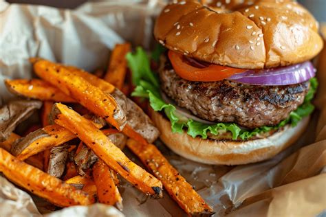 Greek Burger with Sweet Potato Fries - calories, carbs, nutrition