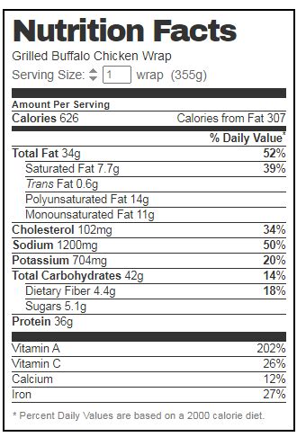 Grilled Buffalo Chicken Wrap - calories, carbs, nutrition