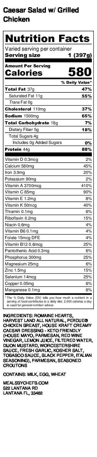 Grilled Chicken Caesar Salad - calories, carbs, nutrition