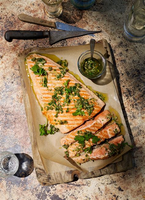 Grilled Salmon with Preserved Lemons and Chilled Corn Soup - calories, carbs, nutrition