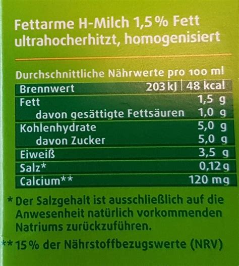 H-Milch - calories, carbs, nutrition