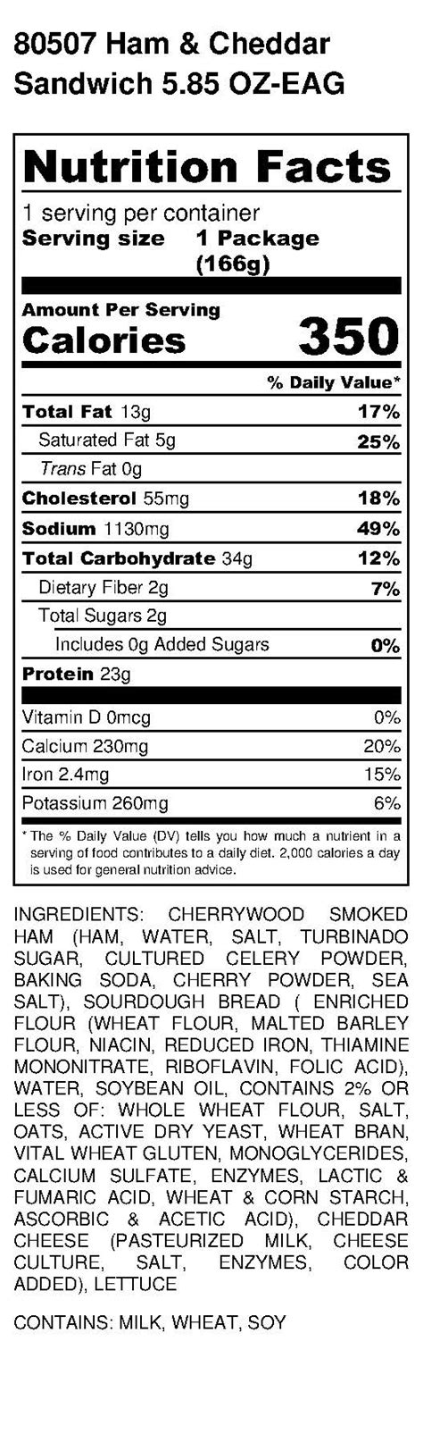 Ham & Cheddar Artisan Breakfast Sandwich - calories, carbs, nutrition