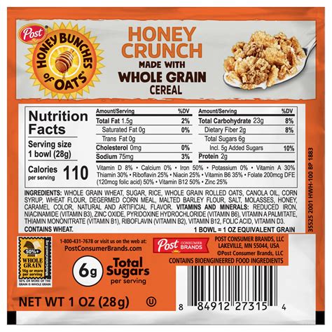 Honey Crunch Cereal - calories, carbs, nutrition