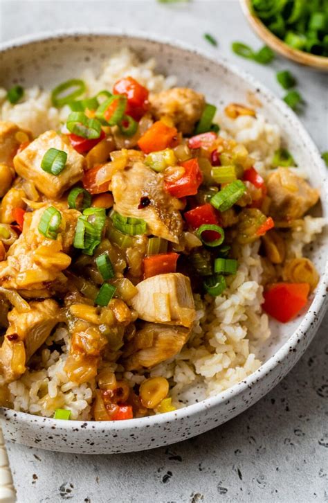 Kung Pao Chicken over Coconut-Peanut Rice and Gingered Snow Peas - calories, carbs, nutrition