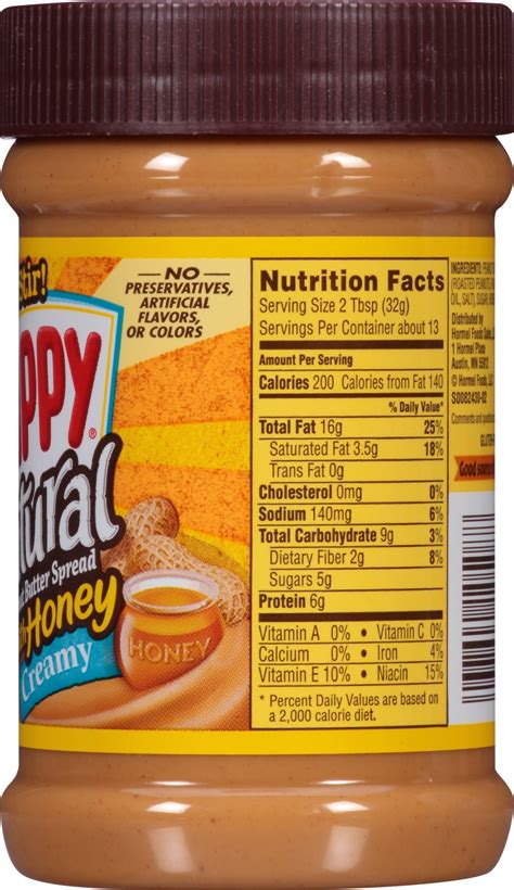 Natural Peanut Butter with Honey - calories, carbs, nutrition