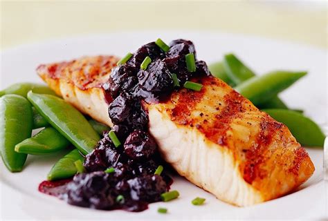 Oat Encrusted Salmon with Blueberry BBQ Glaze with Rice and Vegetables - calories, carbs, nutrition