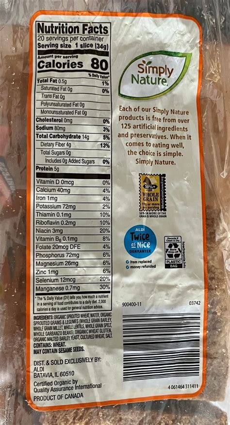 Organic Flour Less Sprouted 7 Grain Bread - calories, carbs, nutrition