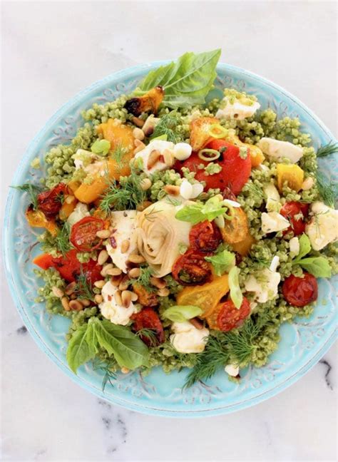 Pepper Herb Shrimp - Garlic Mustard Pesto - Red Quinoa Fruit Salad - Artichokes Beets - calories, carbs, nutrition