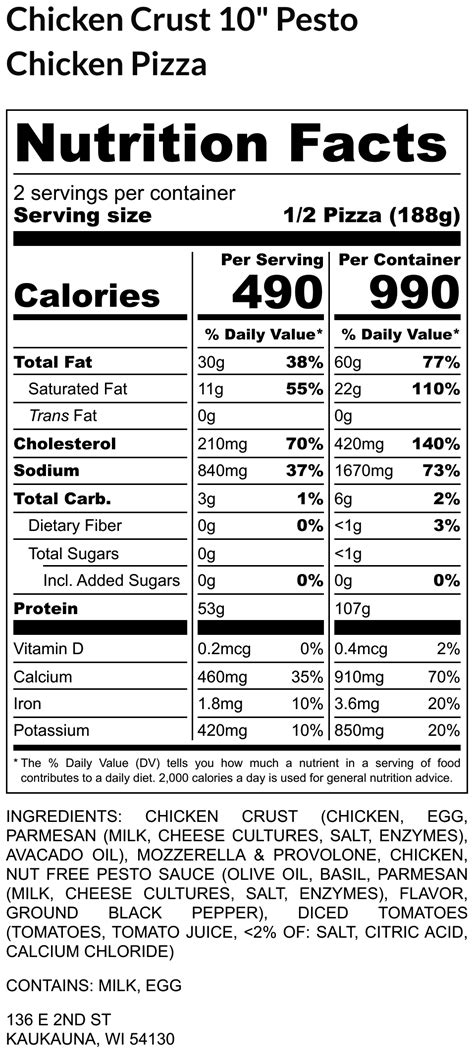 Pesto Chicken Pizza - calories, carbs, nutrition