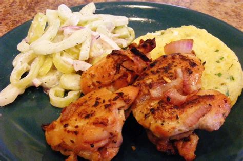 Pot Roasted Chicken Thighs served with Potato, Cucumber & Olive Salad - calories, carbs, nutrition