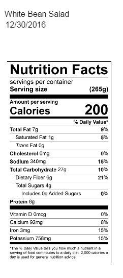 Salad Black & White Bean 3 oz - calories, carbs, nutrition