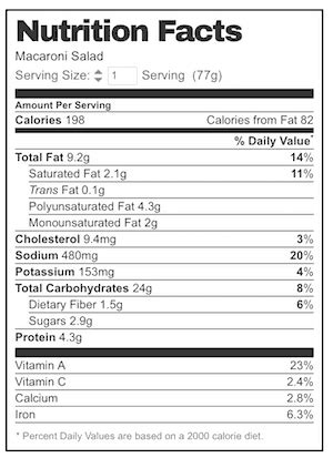 Salad Macaroni & Cheddar Creamy Reg Mayo 1/2 Cup - calories, carbs, nutrition