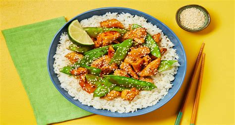 Sesame Chicken with Snow Peas and Brown Rice - calories, carbs, nutrition