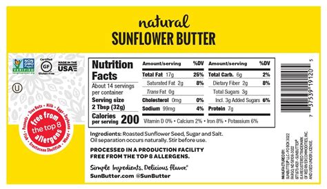 Sunbutter - calories, carbs, nutrition