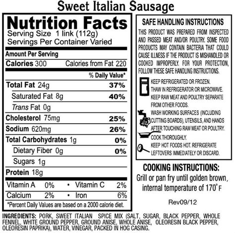 Sweet Italian Sausage (10) - calories, carbs, nutrition