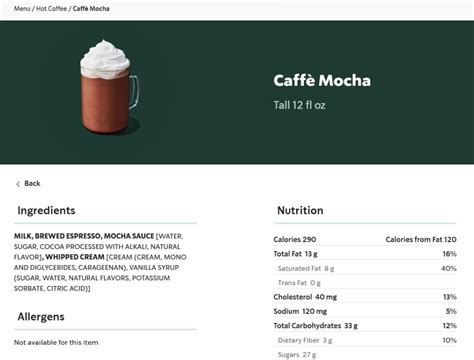 Tall Mocha - calories, carbs, nutrition