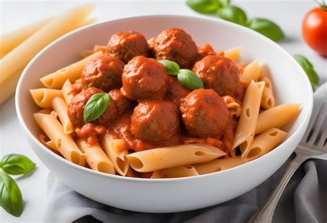 Veggie Meatballs in Tomato Sauce with Penne Pasta and Vine Tomato Salad - calories, carbs, nutrition